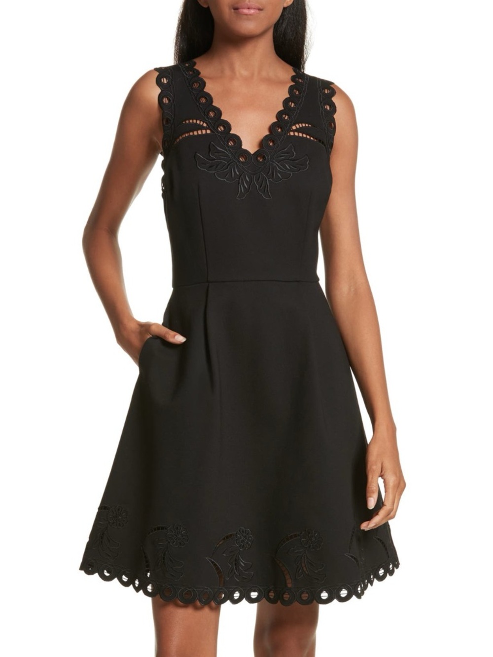 Ted Baker Emalise Embroidered Skater Mini Dress Black Scalloped Cutout Sz 4-6